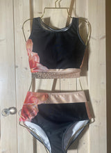 Load image into Gallery viewer, XS-XL swimsuit Pink Quartz Hibiscus on dark chocolate aqua sport bikini womens UPF 40+ black brown floral two-piece shore sports women