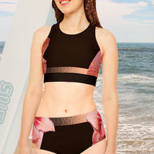 Load image into Gallery viewer, XS-XL swimsuit Pink Quartz Hibiscus on dark chocolate aqua sport bikini womens UPF 40+ black brown floral two-piece shore sports women