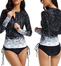 Load image into Gallery viewer, swim-dress HYBRID 2-pc swimsuit rash-guard top dress gathers extends over modest mid-rise brief black yellow wildflower or white noise upf