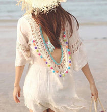 Load image into Gallery viewer, Polka Dot Pom cream cover-up beach tunic multi-colored pom fringe scoop back with cream crochet detail front & back turquoise tassel detail