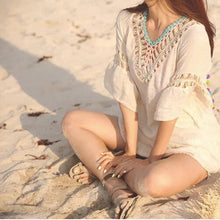 Load image into Gallery viewer, Polka Dot Pom cream cover-up beach tunic multi-colored pom fringe scoop back with cream crochet detail front & back turquoise tassel detail