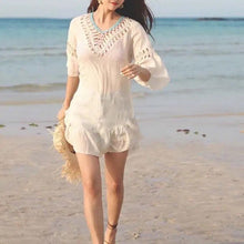 Load image into Gallery viewer, Polka Dot Pom cream cover-up beach tunic multi-colored pom fringe scoop back with cream crochet detail front & back turquoise tassel detail