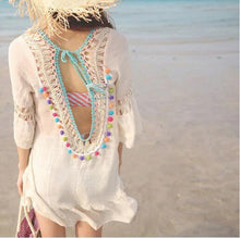 Load image into Gallery viewer, Polka Dot Pom cream cover-up beach tunic multi-colored pom fringe scoop back with cream crochet detail front & back turquoise tassel detail