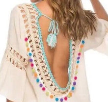 Load image into Gallery viewer, Polka Dot Pom cream cover-up beach tunic multi-colored pom fringe scoop back with cream crochet detail front & back turquoise tassel detail