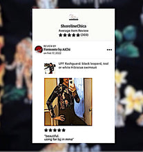 Load image into Gallery viewer, UPF Rashguard black leopard or teal turquoise coral peach white blue green hibiscus swimsuit slimming surf beach pool lake snorkel beach