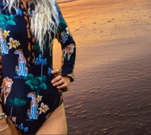 Load image into Gallery viewer, UPF Rashguard black leopard or teal turquoise coral peach white blue green hibiscus swimsuit slimming surf beach pool lake snorkel beach
