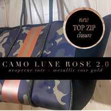 Load image into Gallery viewer, NWT Opal Leopard Rose 2.0 TOTE smooth ivory cream neoprene bag +shabby mint & chic metallic rose gold racing stripes + opalescent interior