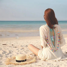 Load image into Gallery viewer, Polka Dot Pom cream cover-up beach tunic multi-colored pom fringe scoop back with cream crochet detail front & back turquoise tassel detail