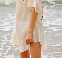 Load image into Gallery viewer, Polka Dot Pom cream cover-up beach tunic multi-colored pom fringe scoop back with cream crochet detail front & back turquoise tassel detail