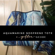 Load image into Gallery viewer, new Pink Coral Reef Neoprene Tote waterproof bag hot pink paracords & interior + aqua turquoise sides w baseboard rain snow shore 2023