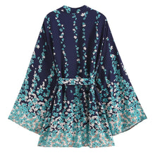 Load image into Gallery viewer, Floral Marina Kimono Robe Resort Chic navy blue aqua flowers Boho beach cover up swim bath wrap pool women turquoise taupe 3/4 short M XL