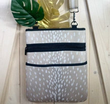 Load image into Gallery viewer, Ivory Doe light beige NEOPRENE bag + white deer speckled print in Crossbody or Tote size or Duo 2-in-1 combo purse + tote antelope khaki