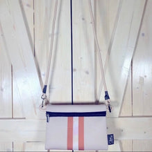 Load image into Gallery viewer, © Sahara Pearl waterproof tote & crossbody sand beige premium neoprene + pearlescent & sunset rose-gold stripes & champagne mirage interior holiday gift ShoreAndSkyline