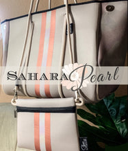 Load image into Gallery viewer, © Sahara Pearl waterproof tote & crossbody sand beige premium neoprene + pearlescent & sunset rose-gold stripes & champagne mirage interior holiday gift ShoreAndSkyline
