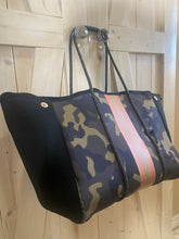 Load image into Gallery viewer, nwt Camo Luxe Rose 2.0 Neoprene Tote Bag + luminous metallic ROSE GOLD stripes w added top zip closure women light purse waterproof ShoreAndSkyline Shore and Skyline