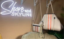 Load image into Gallery viewer, © Sahara Pearl waterproof tote & crossbody sand beige premium neoprene + pearlescent & sunset rose-gold stripes & champagne mirage interior holiday gift ShoreAndSkyline