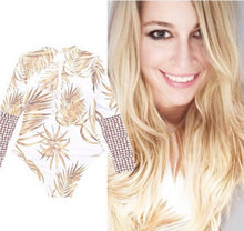 Load image into Gallery viewer, S - XL UPF Rashguard Sunset Palms surfsuit swimsuit cream white chill beige sun-kissed khaki beach pool surf swim women feminine modest one-piece