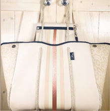 Load image into Gallery viewer, NEOPRENE waterproof Tote bag © Opal Leopard 2.0 cream white / light beige large purse + metallic rose gold racing stripes Onyx Amber Sahara