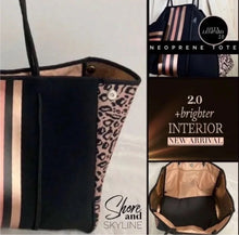 Load image into Gallery viewer, NEOPRENE waterproof Tote bag © Opal Leopard 2.0 cream white / light beige large purse + metallic rose gold racing stripes Onyx Amber Sahara