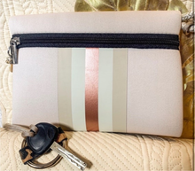 Load image into Gallery viewer, NEOPRENE waterproof Tote bag © Opal Leopard 2.0 cream white / light beige large purse + metallic rose gold racing stripes Onyx Amber Sahara