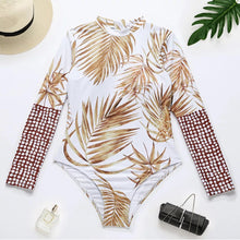 Load image into Gallery viewer, S - XL UPF Rashguard Sunset Palms surfsuit swimsuit cream white chill beige sun-kissed khaki beach pool surf swim women feminine modest one-piece