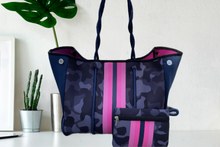 Load image into Gallery viewer, new Neoprene Tote Navy blue Camo + hot pink racing stripes + various: grey gray silver /aquamarine geode / pink/ Cheetah Leopard Deer