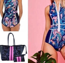 Load image into Gallery viewer, new Neoprene Tote Navy blue Camo + hot pink racing stripes + various: grey gray silver /aquamarine geode / pink/ Cheetah Leopard Deer