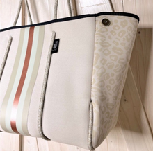 Load image into Gallery viewer, NEOPRENE waterproof Tote bag © Opal Leopard 2.0 cream white / light beige large purse + metallic rose gold racing stripes Onyx Amber Sahara