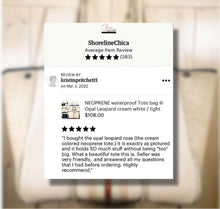 Load image into Gallery viewer, NEOPRENE waterproof Tote bag © Opal Leopard 2.0 cream white / light beige large purse + metallic rose gold racing stripes Onyx Amber Sahara