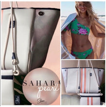 Load image into Gallery viewer, © Sahara Pearl waterproof tote & crossbody sand beige premium neoprene + pearlescent & sunset rose-gold stripes & champagne mirage interior holiday gift ShoreAndSkyline