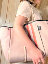 Load image into Gallery viewer, © Sahara Pearl waterproof tote & crossbody sand beige premium neoprene + pearlescent & sunset rose-gold stripes & champagne mirage interior holiday gift ShoreAndSkyline