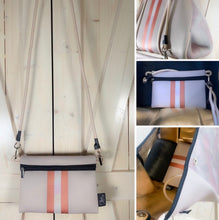 Load image into Gallery viewer, © Sahara Pearl waterproof tote & crossbody sand beige premium neoprene + pearlescent & sunset rose-gold stripes & champagne mirage interior holiday gift ShoreAndSkyline