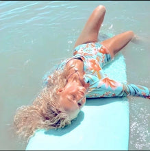 Load image into Gallery viewer, UPF Rashguard COSTA PLUMERIA swimsuit surfsuit longsleeve aqua turquoise coral