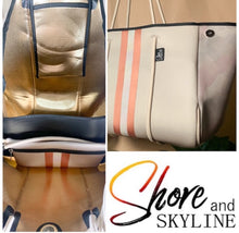 Load image into Gallery viewer, © Sahara Pearl waterproof tote & crossbody sand beige premium neoprene + pearlescent & sunset rose-gold stripes & champagne mirage interior holiday gift ShoreAndSkyline