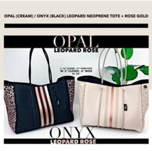 Load image into Gallery viewer, NEOPRENE waterproof Tote bag © Opal Leopard 2.0 cream white / light beige large purse + metallic rose gold racing stripes Onyx Amber Sahara