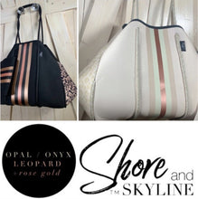 Load image into Gallery viewer, NEOPRENE waterproof Tote bag © Opal Leopard 2.0 cream white / light beige large purse + metallic rose gold racing stripes Onyx Amber Sahara