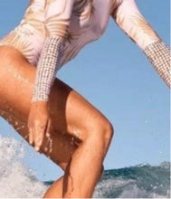 Load image into Gallery viewer, S - XL UPF Rashguard Sunset Palms surfsuit swimsuit cream white chill beige sun-kissed khaki beach pool surf swim women feminine modest one-piece