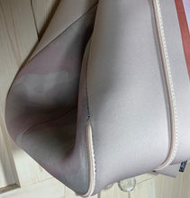 Load image into Gallery viewer, © Sahara Pearl waterproof tote & crossbody sand beige premium neoprene + pearlescent & sunset rose-gold stripes & champagne mirage interior holiday gift ShoreAndSkyline