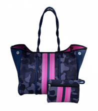 Load image into Gallery viewer, new Neoprene Tote Navy blue Camo + hot pink racing stripes + various: grey gray silver /aquamarine geode / pink/ Cheetah Leopard Deer