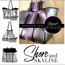 Load image into Gallery viewer, Waterproof Metallic Racer Tote Bag magenta pink / titanium silver neoprene + black and white racing checks purse by Shore and Skyline gift present 2024
