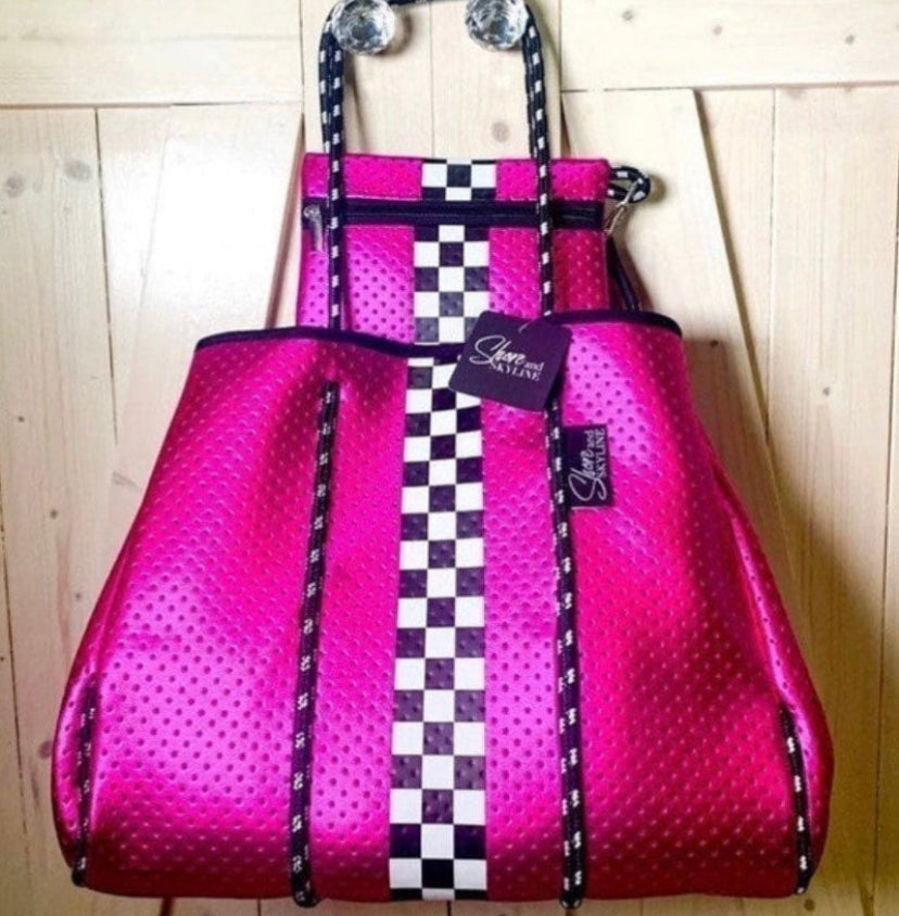 Waterproof Metallic Racer Tote Bag magenta pink / titanium silver neoprene + black and white racing checks purse by Shore and Skyline gift present 2024