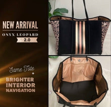 Load image into Gallery viewer, New arrival collage — tote exterior, metallic stripes, leopard sides, gold interior — Shore and Skyline
