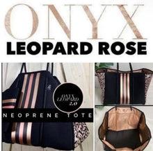 Load image into Gallery viewer, NWT © Onyx Leopard 2.0 black neoprene Tote w/ dark leopard &amp; taupe sides + metallic gold and rose-gold racing stripes - bright gold lining

