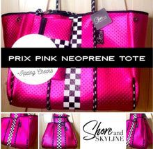 Load image into Gallery viewer, Waterproof Metallic Racer Tote Bag magenta pink / titanium silver neoprene + black and white racing checks purse by Shore and Skyline gift present 2024
