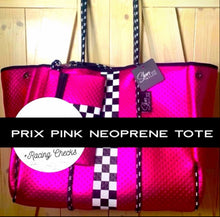 Load image into Gallery viewer, Waterproof Metallic Racer Tote Bag magenta pink / titanium silver neoprene + black and white racing checks purse by Shore and Skyline gift present 2024
