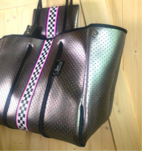 Load image into Gallery viewer, Waterproof Metallic Racer Tote Bag magenta pink / titanium silver neoprene + black and white racing checks purse by Shore and Skyline gift present 2024
