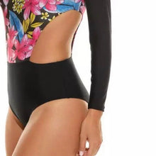 Load image into Gallery viewer, UPF Rashguard: Black Floral Side-swipe surfsuit swimsuit wetsuit Small Medium Large women UV protect vacation one-piece modest Boho sporty
