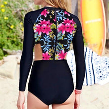 Load image into Gallery viewer, UPF Rashguard: Black Floral Side-swipe surfsuit swimsuit wetsuit Small Medium Large women UV protect vacation one-piece modest Boho sporty
