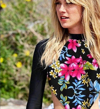 Load image into Gallery viewer, UPF Rashguard: Black Floral Side-swipe surfsuit swimsuit wetsuit Small Medium Large women UV protect vacation one-piece modest Boho sporty
