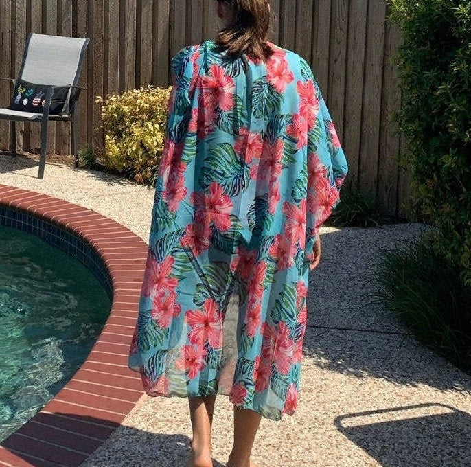 Kimono: resort floral swim wrap (pink or red) cover up / caftan / lounge beach or bath / best seller 2021 gift present vacation birthday